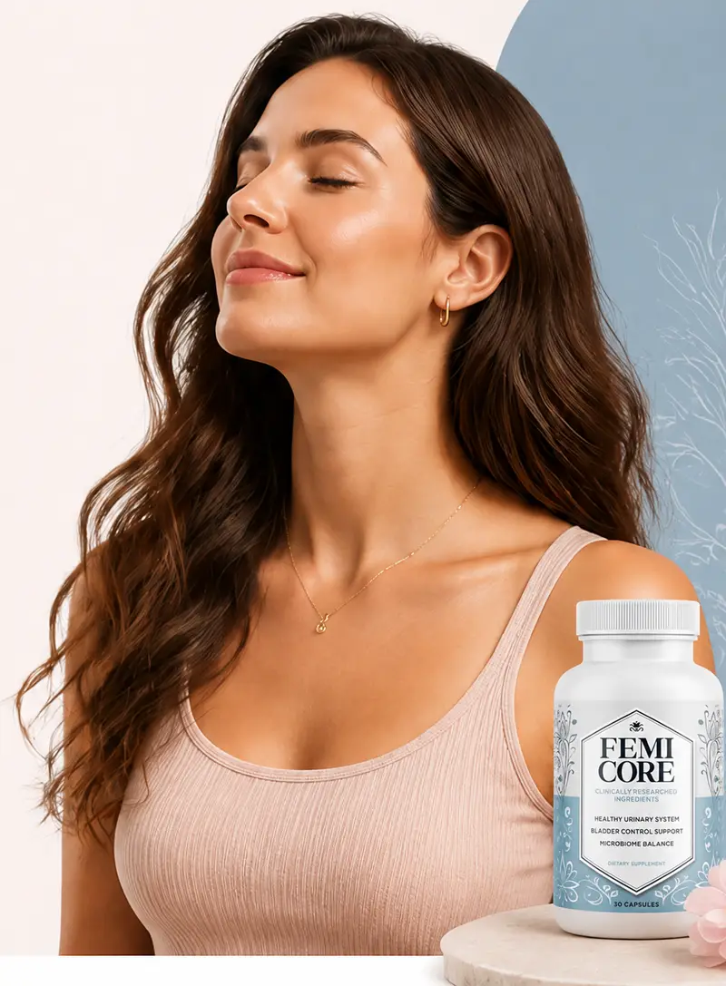 FemiCore Product Bottle and Benefits Image